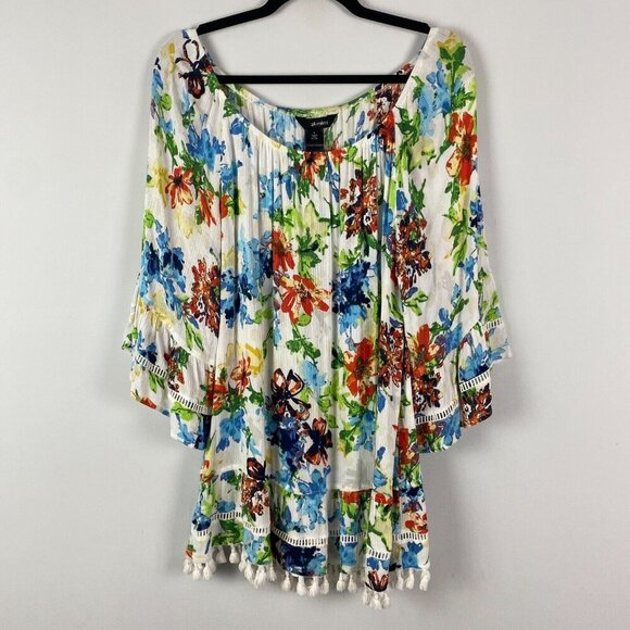 Ali Miles Peasant Top Womens Large Floral Tasseled Hem Boho Bell Sleeve - Picture 1 of 11